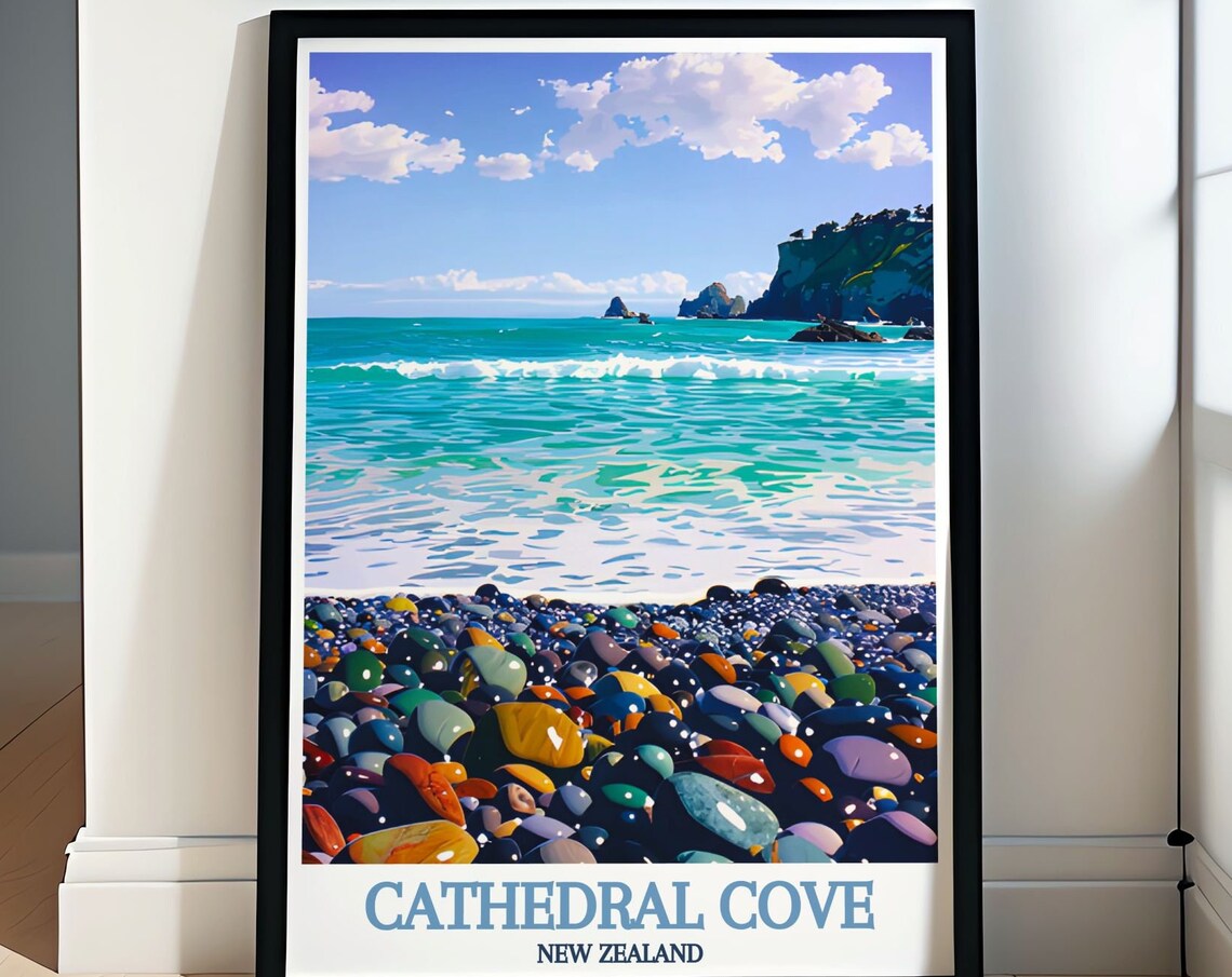 Cathedral Cove Gemstone Pebble Beach Waves New Zealand Poster