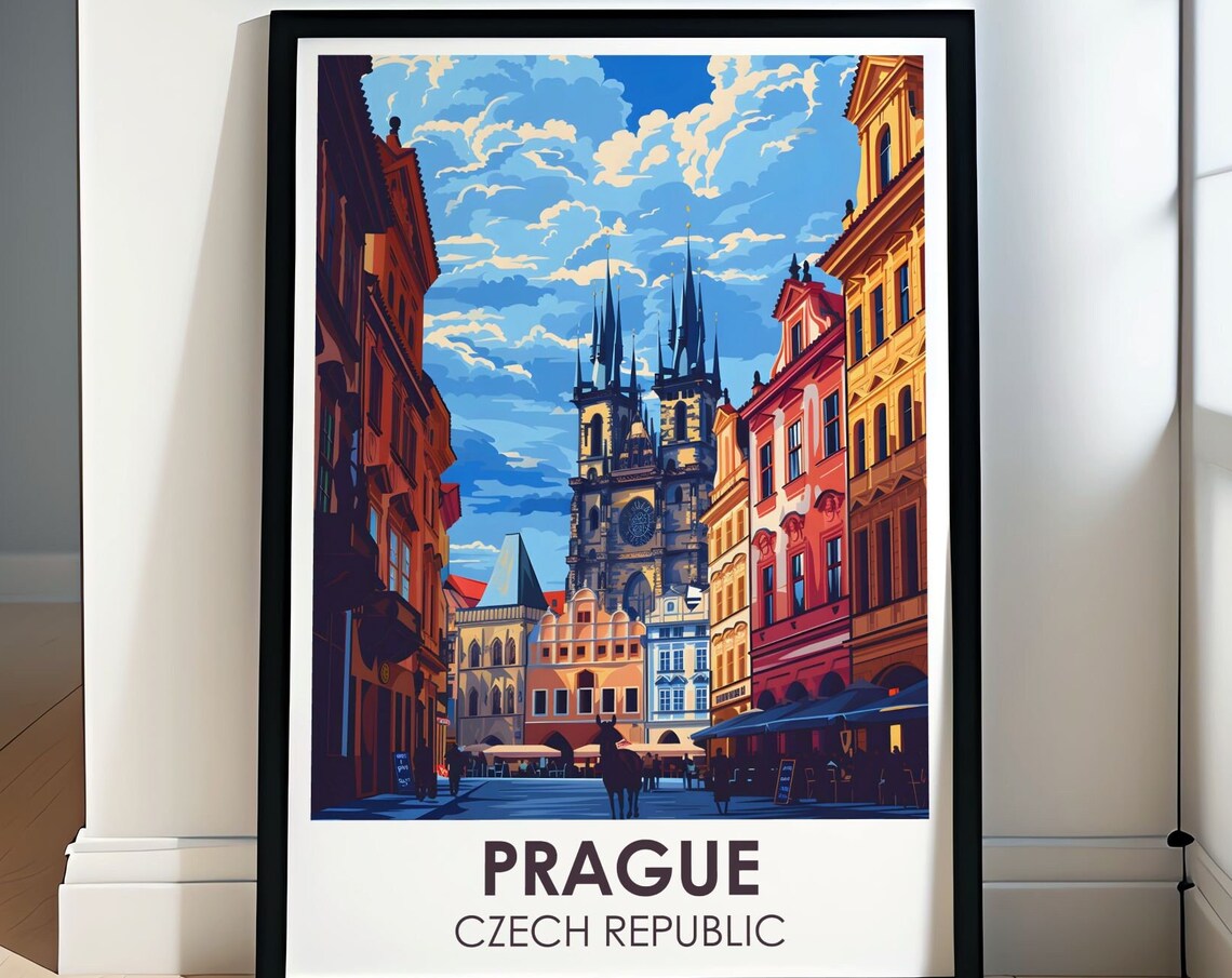 Prague Old Town Square Church of Tyn Colorful Travel Art Poster