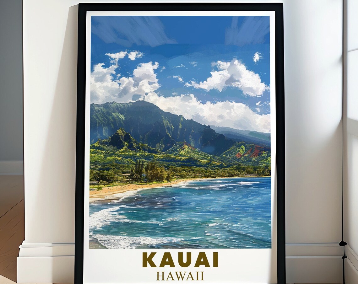 Kauai Hawaii Hanalei Bay Beach Mountains Retro Travel Poster
