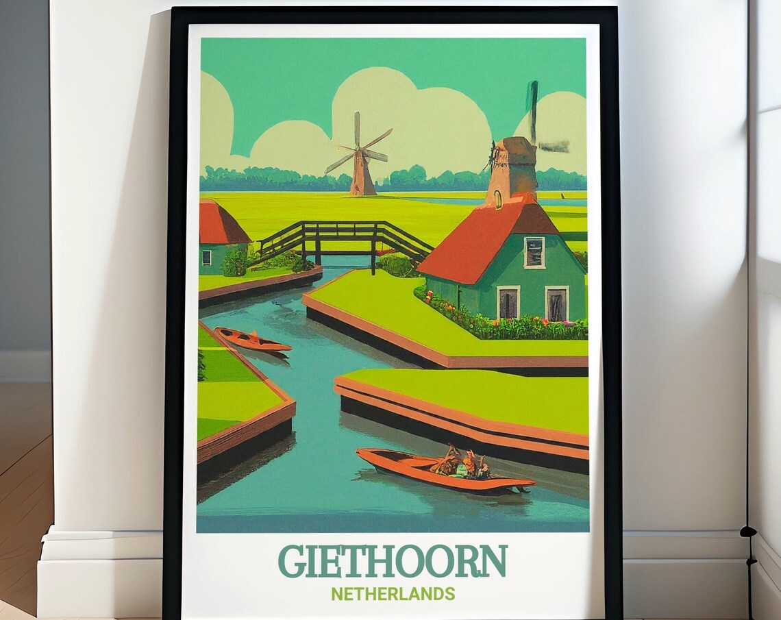 Giethoorn Netherlands Canal Boats Windmills Retro Style Poster