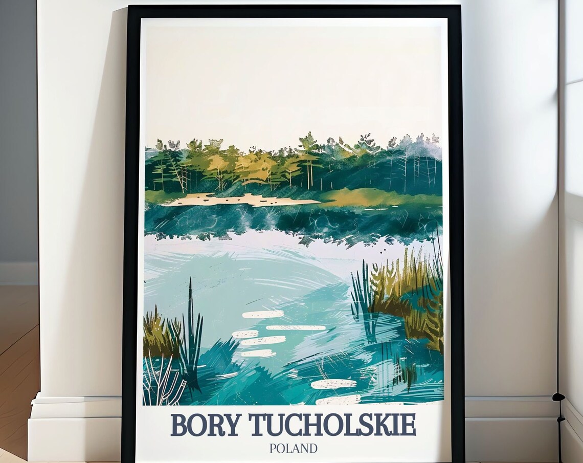 Bory Tucholskie Minimalist Teal Lake And Forest Shore Art Poster