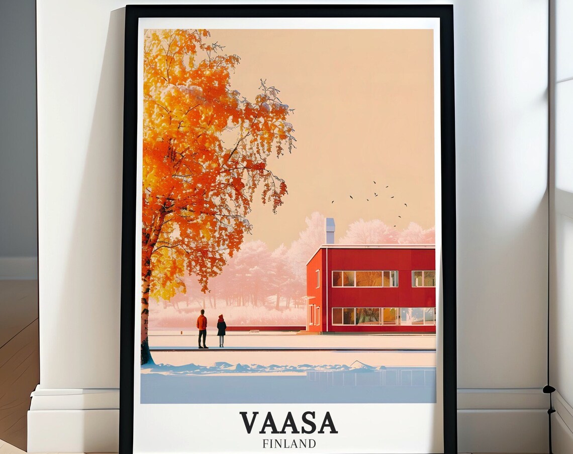 Vaasa Finland Winter Harbor Red Building Golden Birch Tree Poster