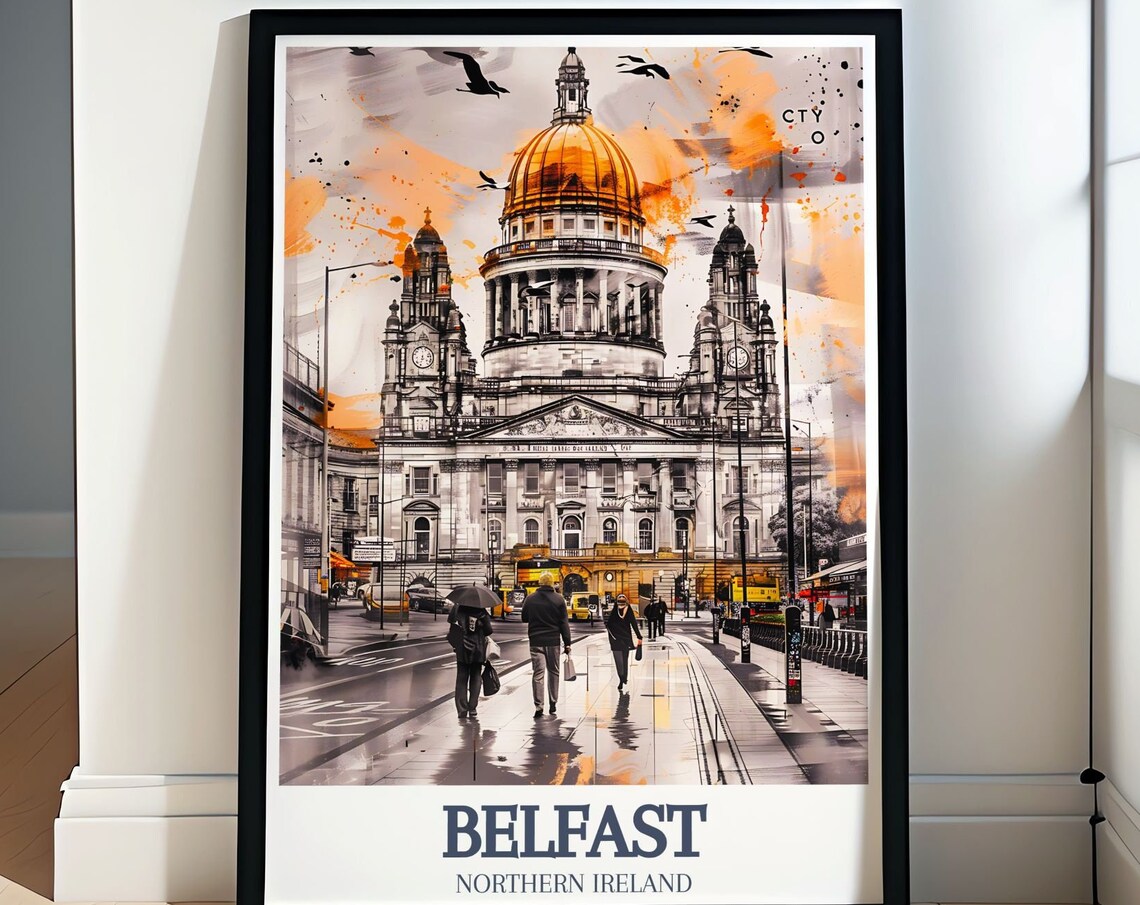 Belfast City Hall Golden Dome on a Rainy Street Scene Art Poster