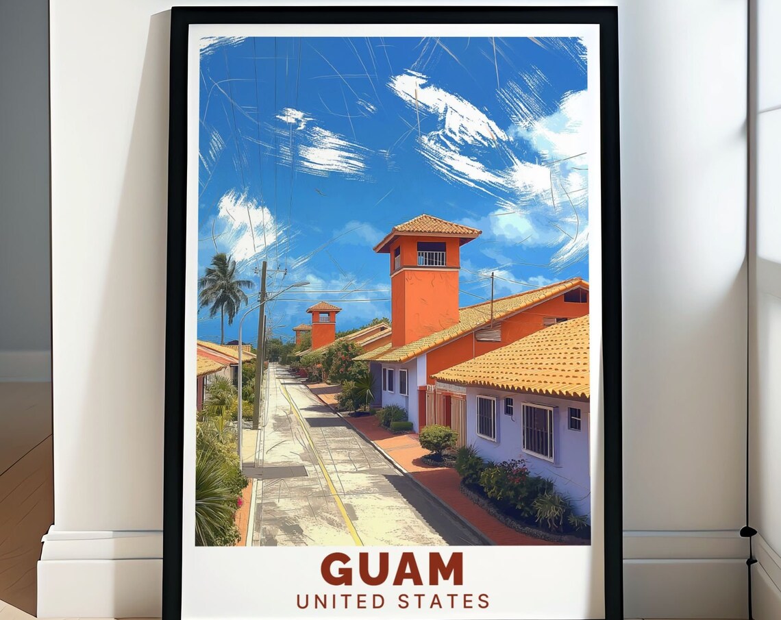 Guam United States Village Street Terracotta Roofs Travel Poster