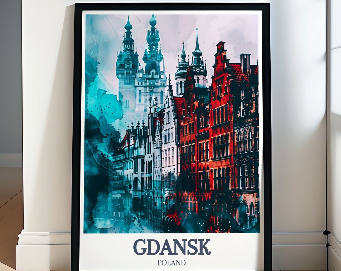 Gdansk Poland Church Towers Watercolor Teal Red Cityscape Art Poster