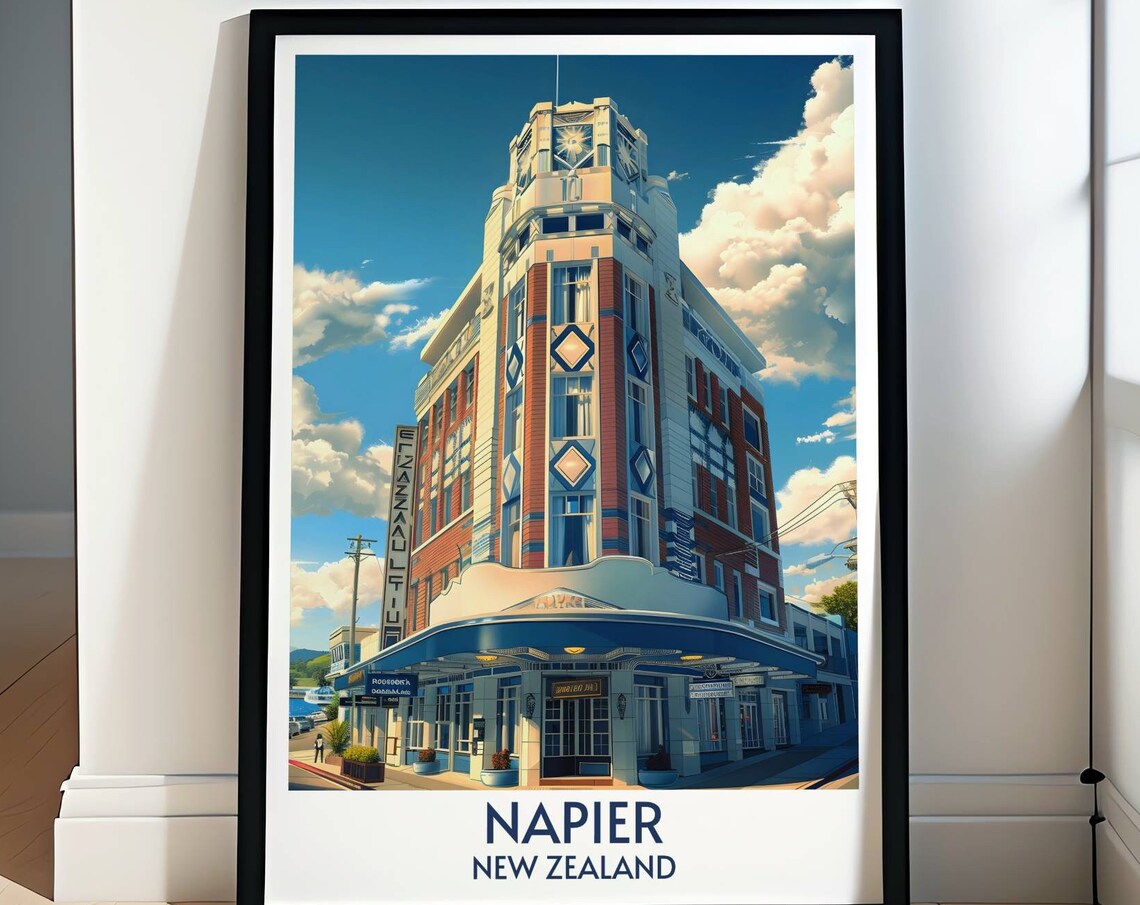 Napier New Zealand Art Deco Masonic Hotel Vintage Architecture Poster