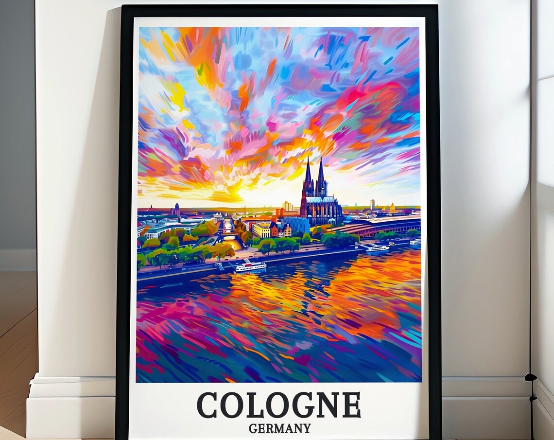 Cologne Germany Rhine River Sunset Cathedral Skyline Art Poster