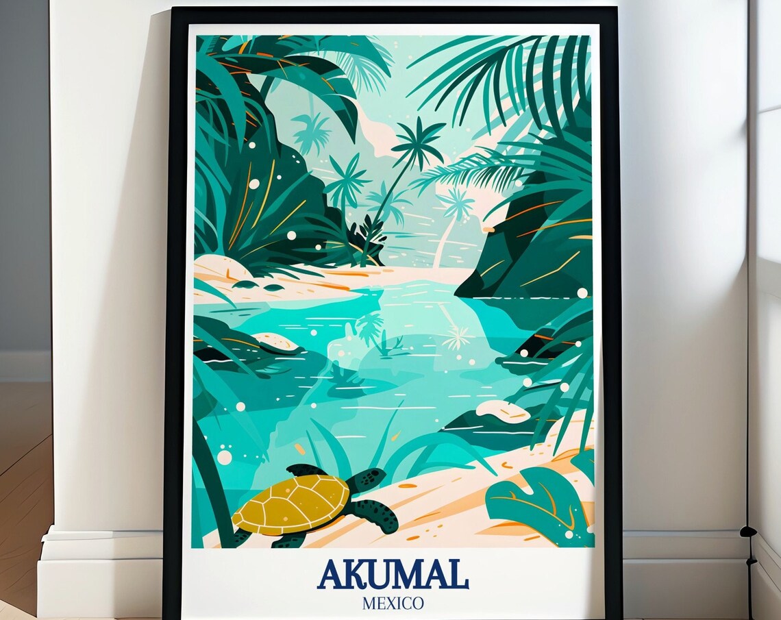 Akumal Mexico Sea Turtle in Tropical Lagoon Cove Art Travel Poster