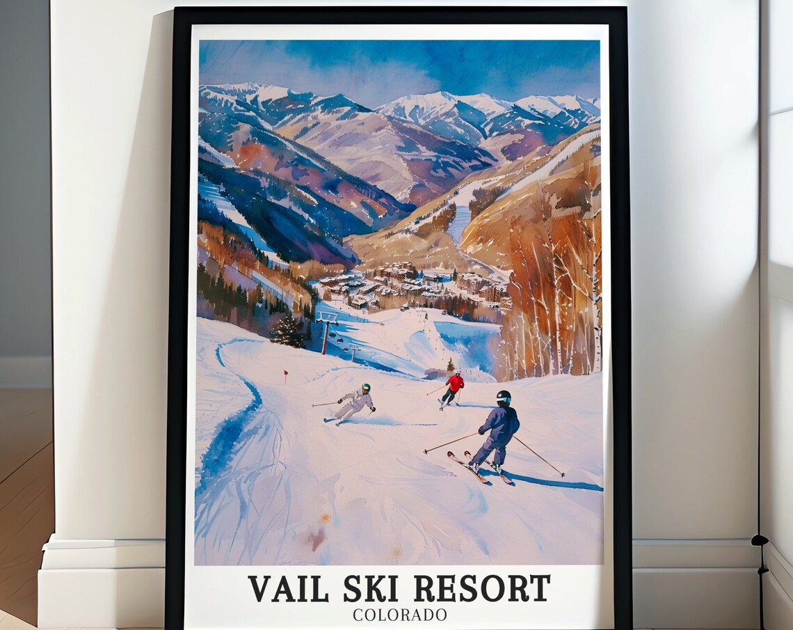 Vail Ski Resort Colorado Watercolor Skiers Valley Village Poster