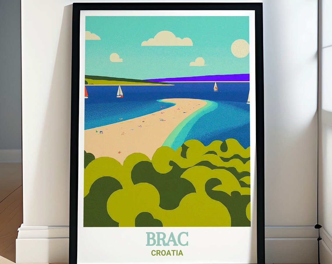 Brac Croatia Zlatni Rat Beach Sailboats Scenic Retro Travel Poster