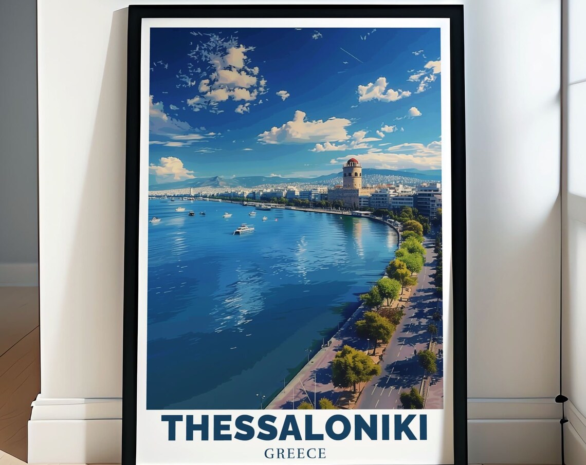 Thessaloniki Waterfront White Tower Boats Greece Travel Poster