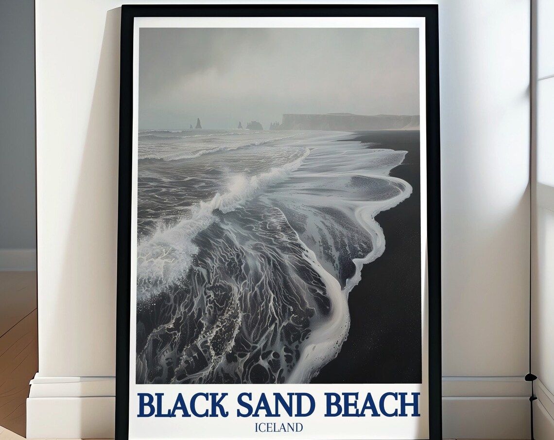 Iceland Black Sand Beach Poster Moody Monochrome Ocean Waves Art