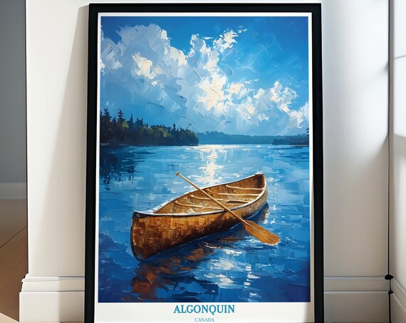 Algonquin Canada Wooden Canoe Blue Lake Painterly Travel Poster