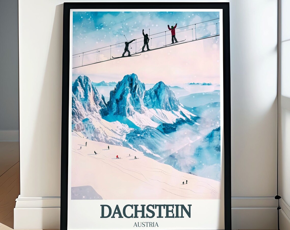 Dachstein Sky Bridge Skiers Alpine Snow Peaks Adventure Travel Poster