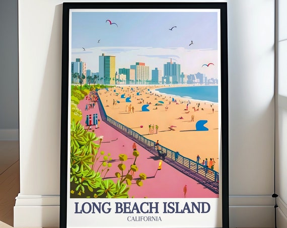 Long Beach Island Prints New Jerseys Long Beach With Detailed Artwork Long Beach Boardwalk Print New Jersey Long Beach Travel Poster