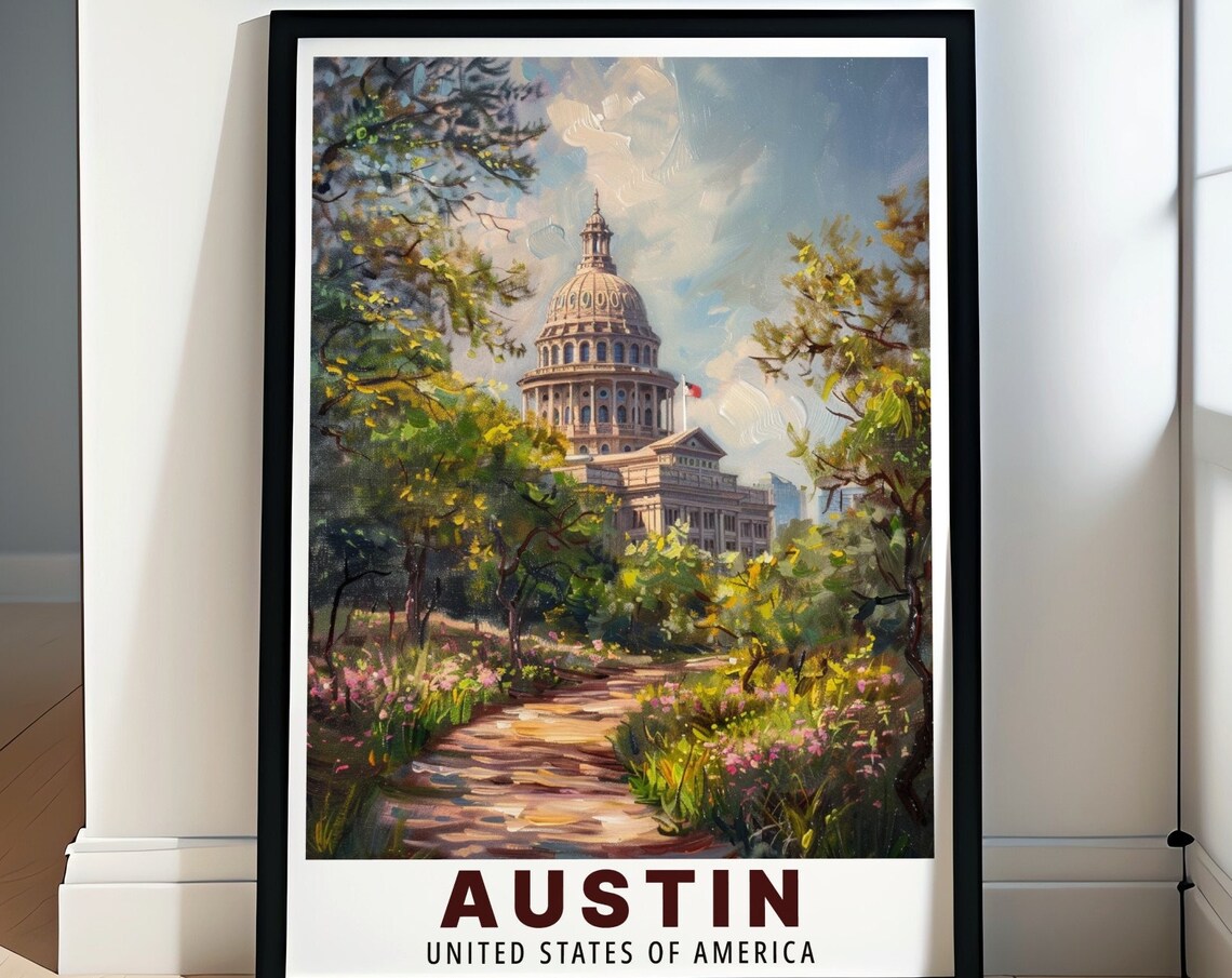 Austin Texas State Capitol Vintage Painting City Travel Poster