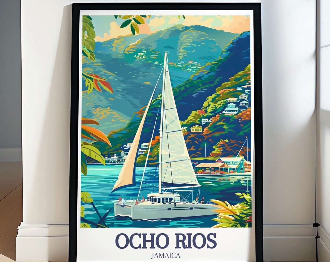 Ocho Rios Jamaica Sailboat Caribbean Bay Mountains Travel Poster