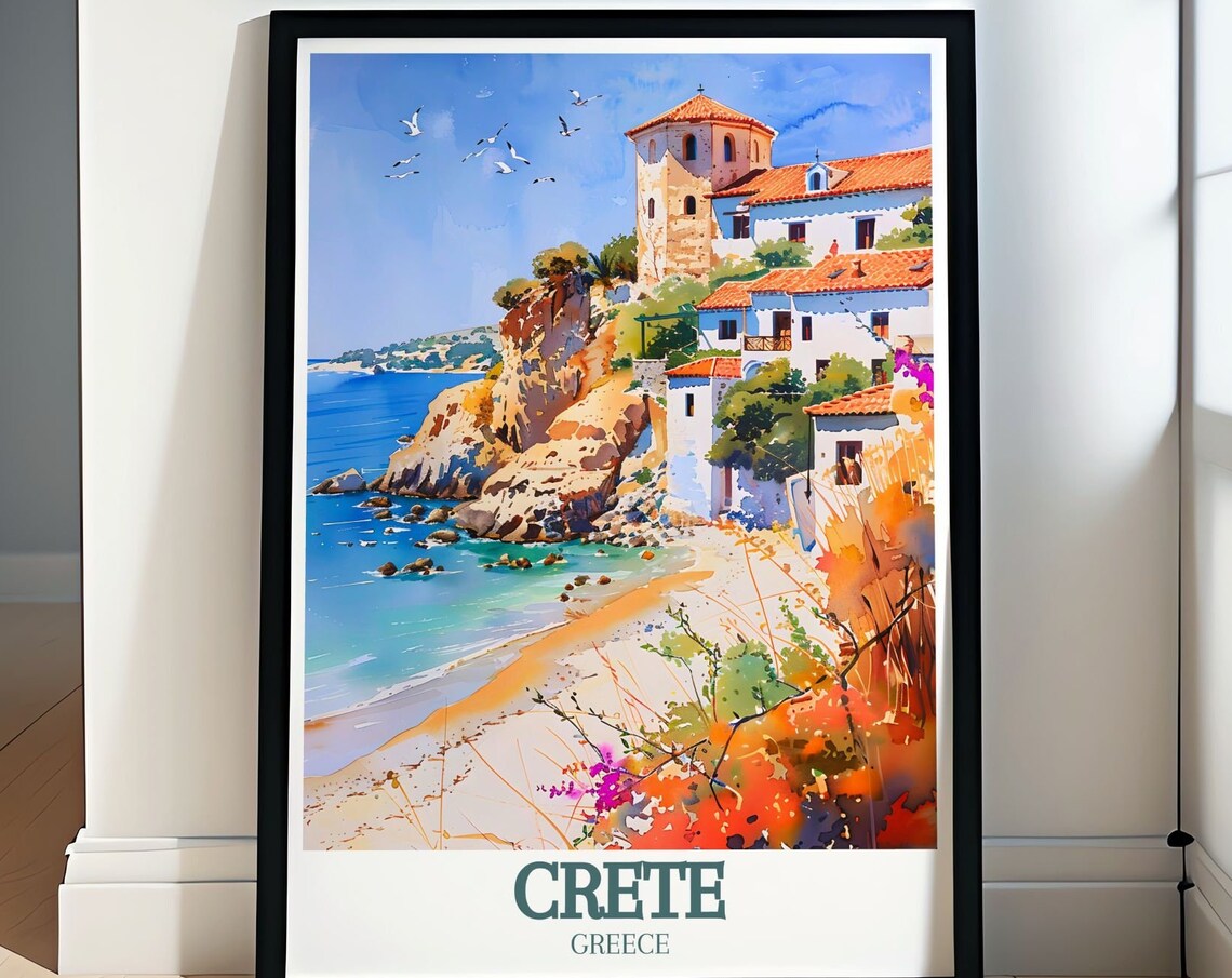 Crete Greece Cliffside Village Tower Beach Cove Travel Poster