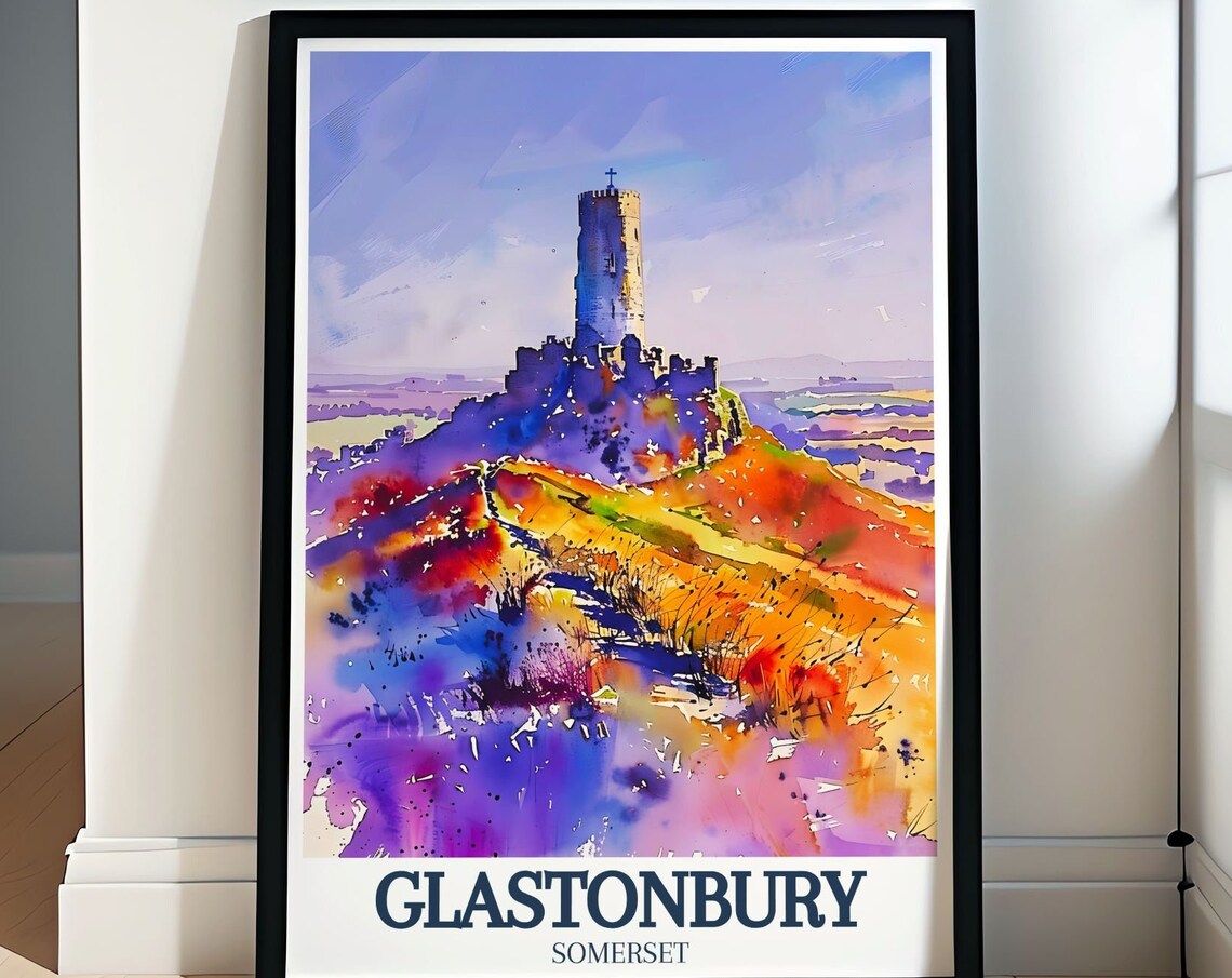 Glastonbury Tor Watercolor Poster Over the Somerset Sunset Hills
