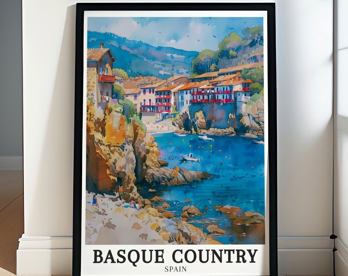 Basque Country Getaria Cliffs Fishing Village Coastal Poster