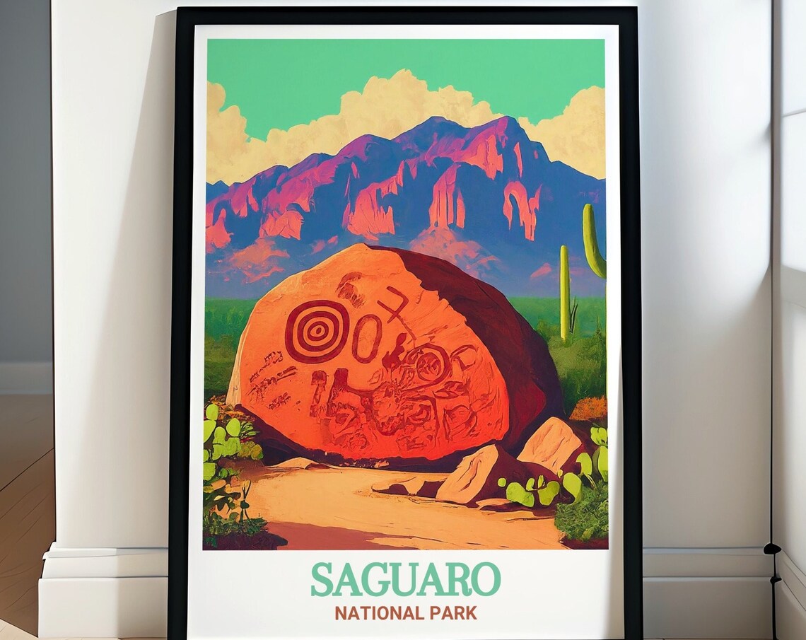 Saguaro Signal Hill Petroglyph Boulder Desert Mountains Poster