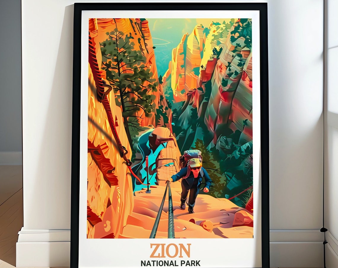 Zion National Park Angels Landing Hiker Chains View Travel Poster