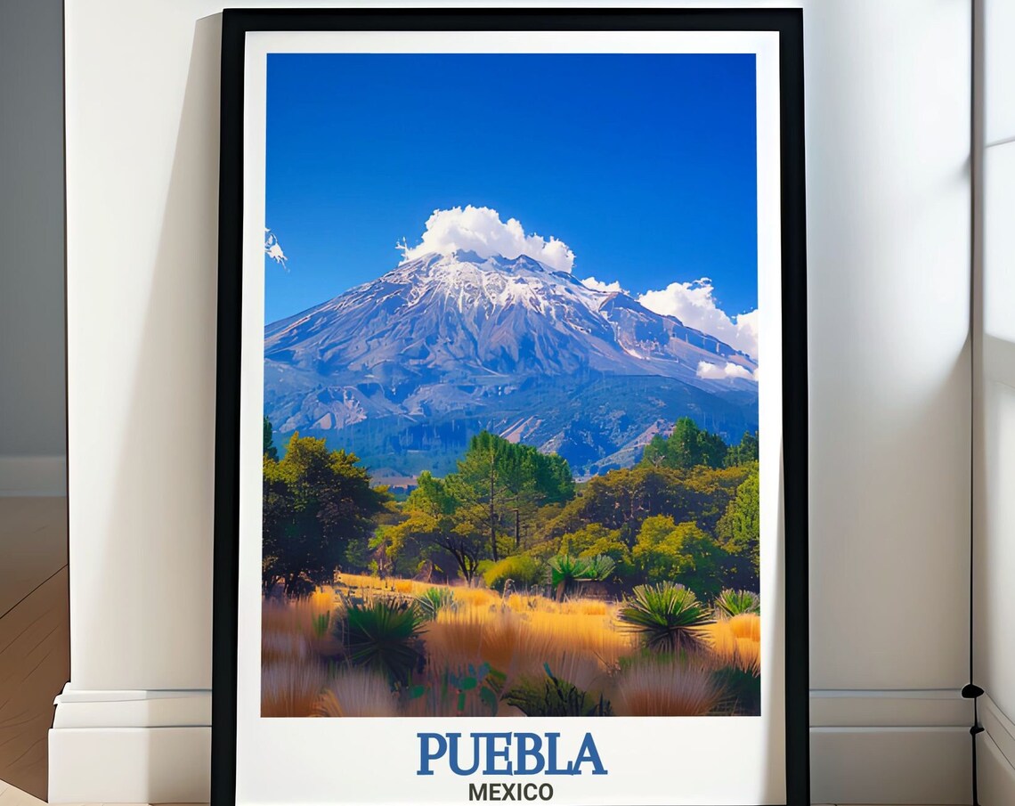 Puebla Mexico Smoking Volcano over Golden Fields and Forest Poster