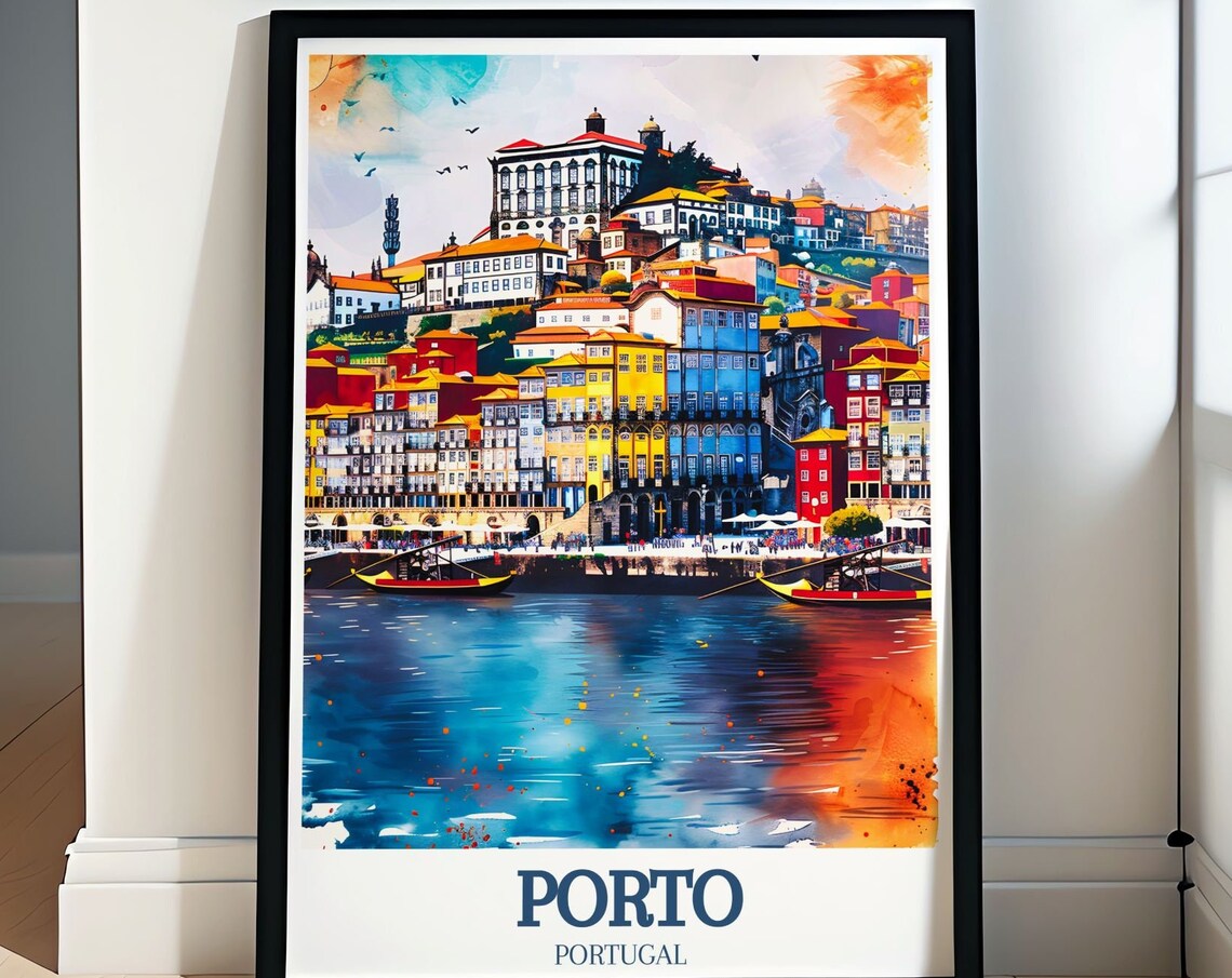 Porto Ribeira Douro River Rabello Boats Watercolor Travel Poster