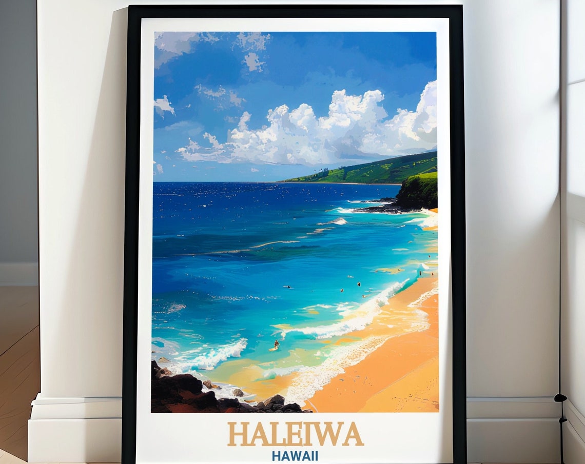 Haleiwa Travel Poster Waimea Bay Art Waimea Bay Decor And Haleiwa Skyline Art Haleiwa Gift And Home Decor Waimea Bay Travel Print