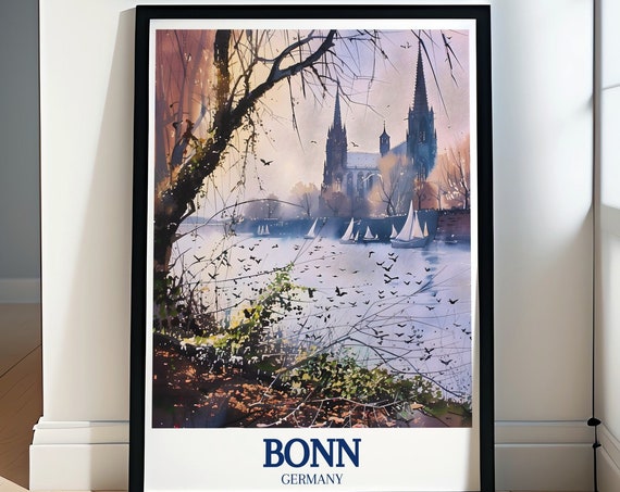 Bonn Travel Poster Rhine River Art Mnster Basilica Posters Mnster Basilica Art Bonn Travel Prints Rhine River Posters