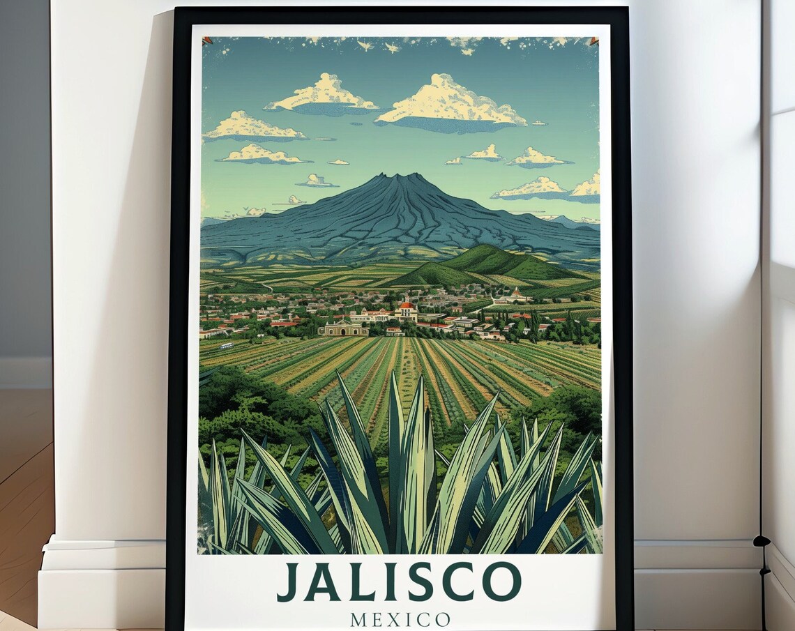 Jalisco Mexico Agave Fields Volcano Town Vintage Landscape Poster