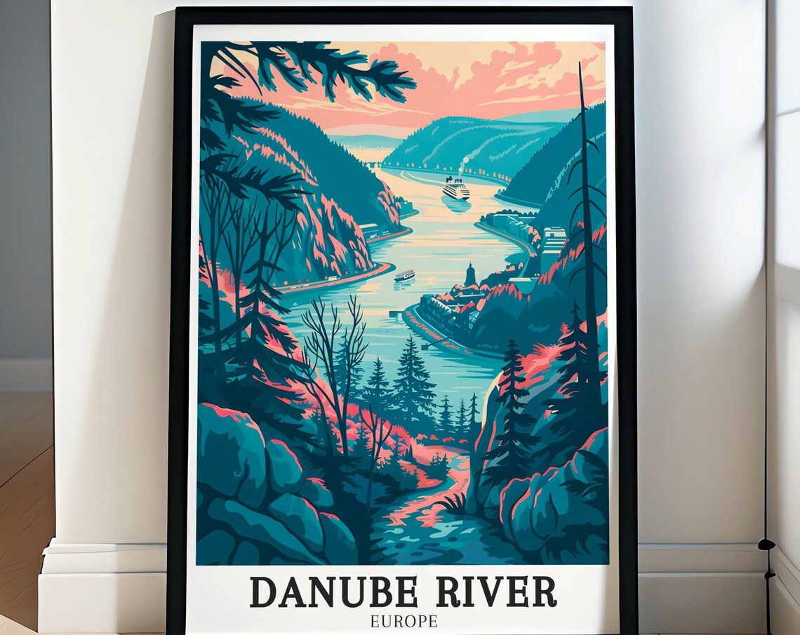 Danube River Europe Sunset Gorge With Passing Cruise Ships Poster