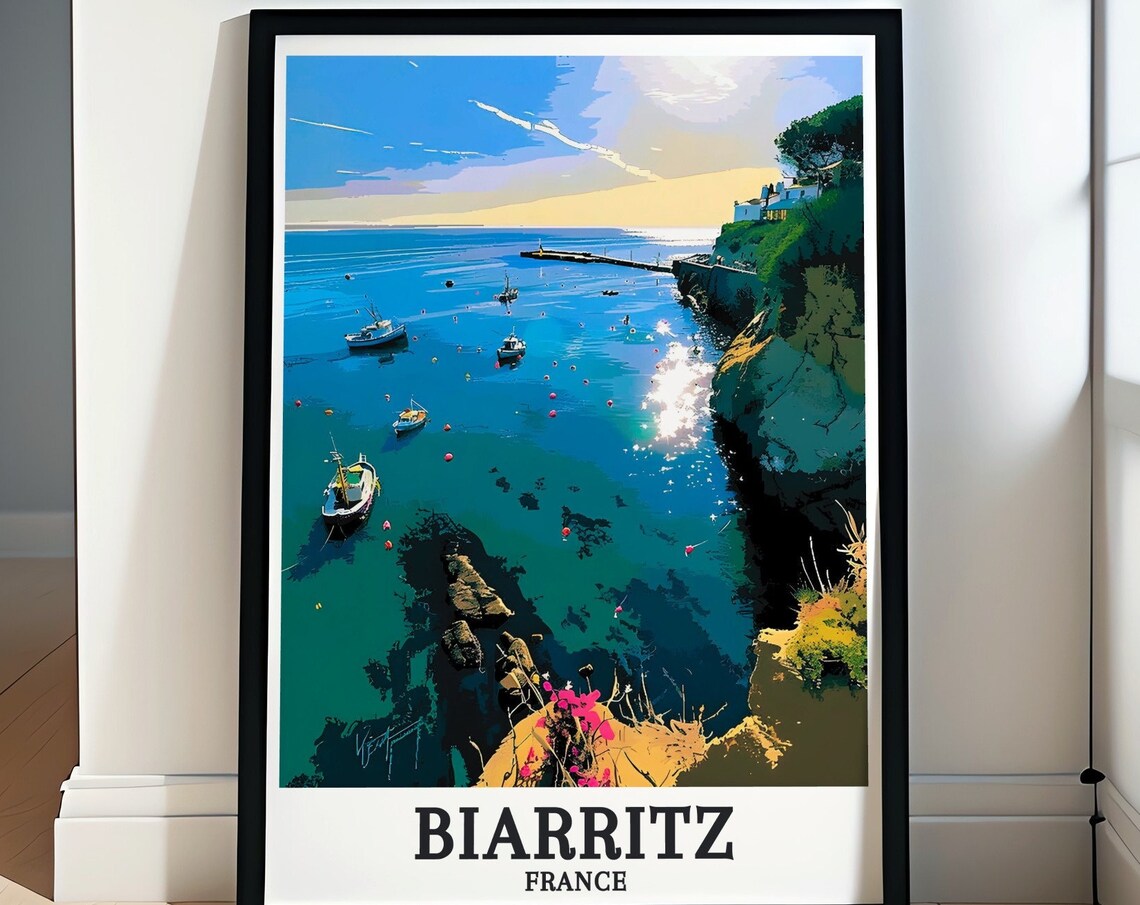 Biarritz Sunny Port Vieux Harbor Boats Coastal France Travel Poster