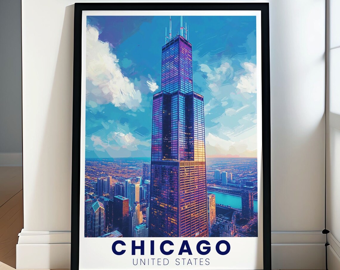 Chicago Willis Tower Skyscraper Sunset United States Travel Poster