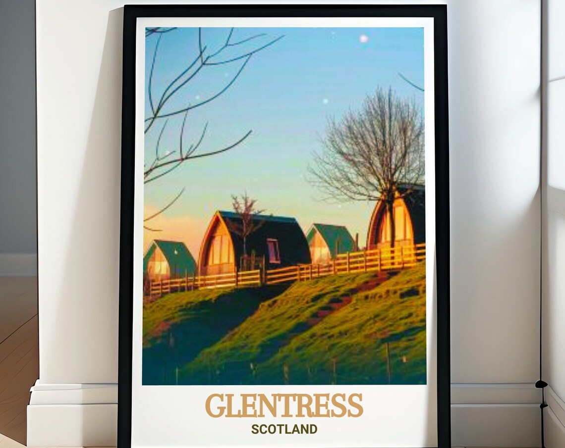 Glentress Scotland Wooden Lodges Glowing Sunset Scene Poster
