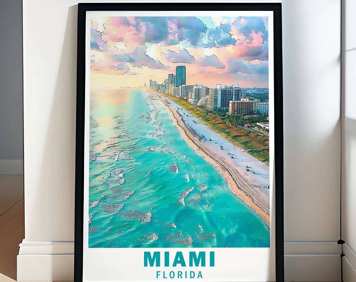 Miami Florida Aerial Beach Sunset Skyline Soft Watercolor Poster