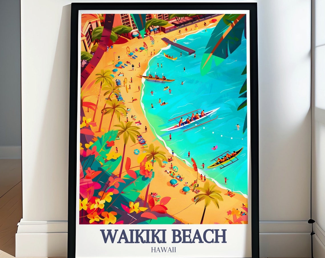 Waikiki Beach Hawaii Surf Canoes Palm Trees Colorful Beach Poster