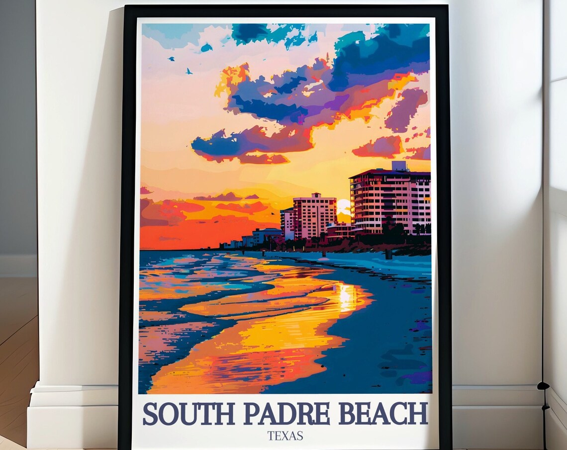 South Padre Island Texas Beach Golden Sunset Skyline Travel Poster