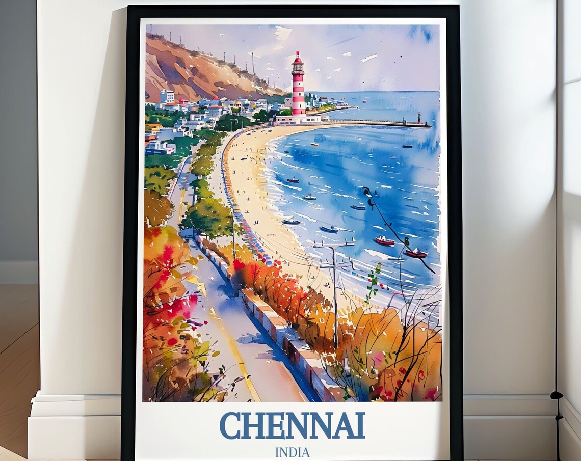 Chennai Marina Beach Lighthouse Curved Bay Watercolor India Poster