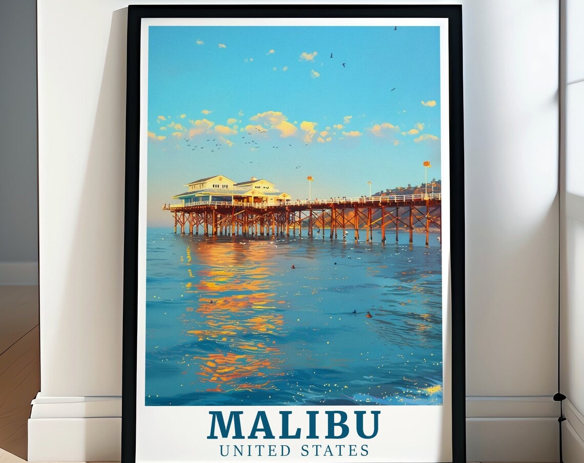 Malibu Pier Golden Sunset Ocean Glow California Travel Poster