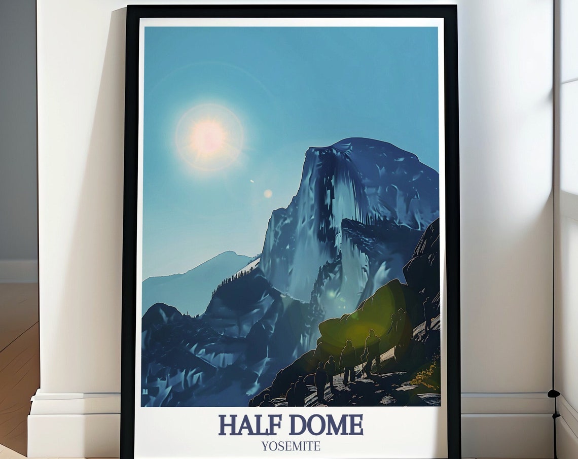Yosemite Half Dome Hikers Moonlit Granite Summit Travel Poster