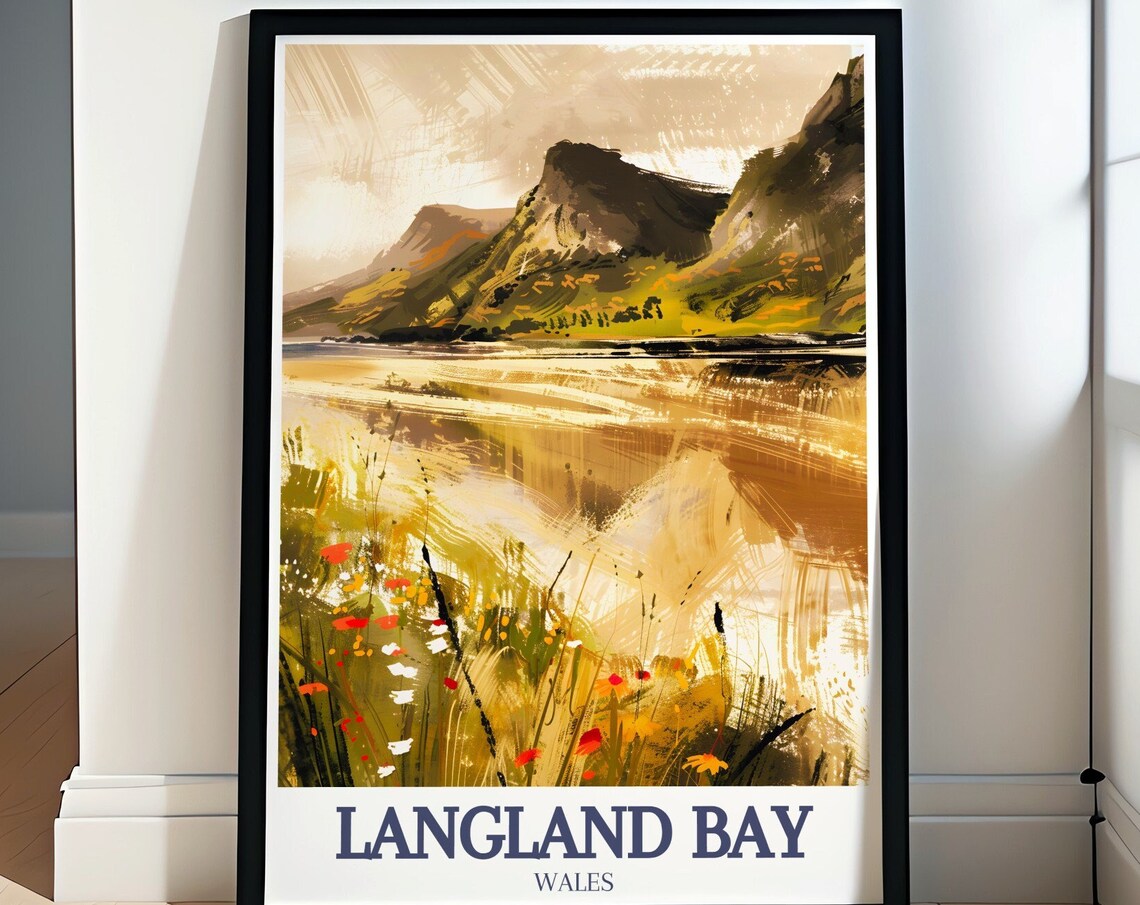 Langland Bay Wales Three Cliffs Bay Golden Coast Travel Poster