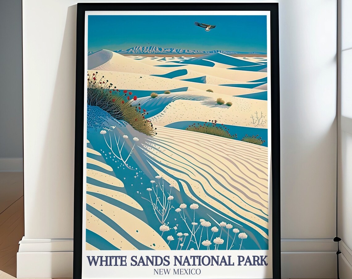White Sands National Park Dunes Wildflowers Roadrunner Art Poster
