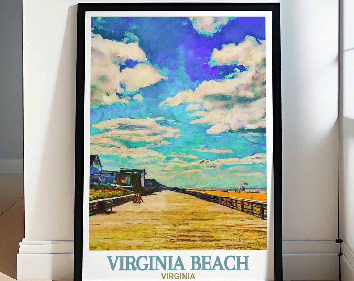 Virginia Beach Boardwalk Painterly Clouds Ocean Travel Poster