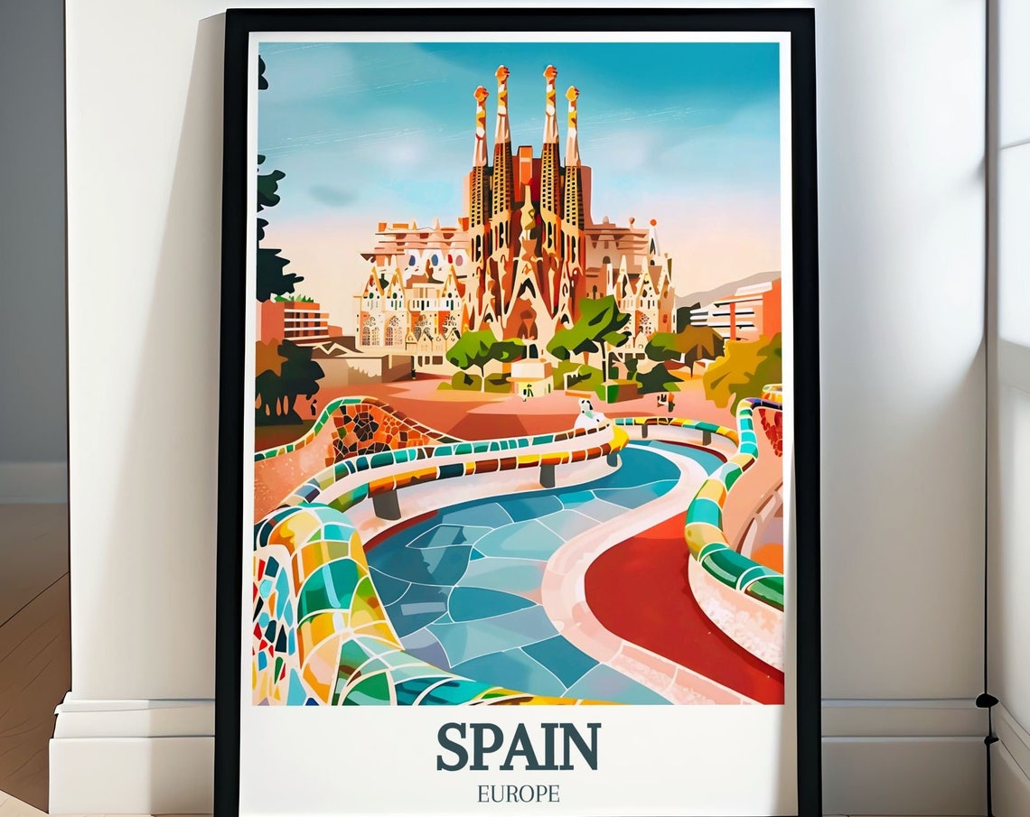 Spain Travel Poster Sagrada Familia Park Gell And Asturias Prints Spain Wall Decor Sagrada Familia And Park Gell Travel Posters
