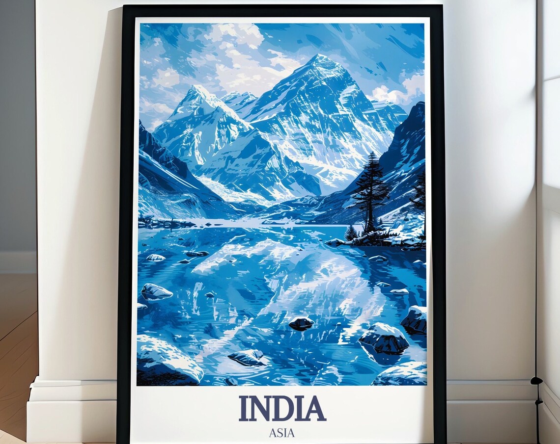 India Asia Himalayas Snowy Peaks Blue Lake Monochrome Art Poster