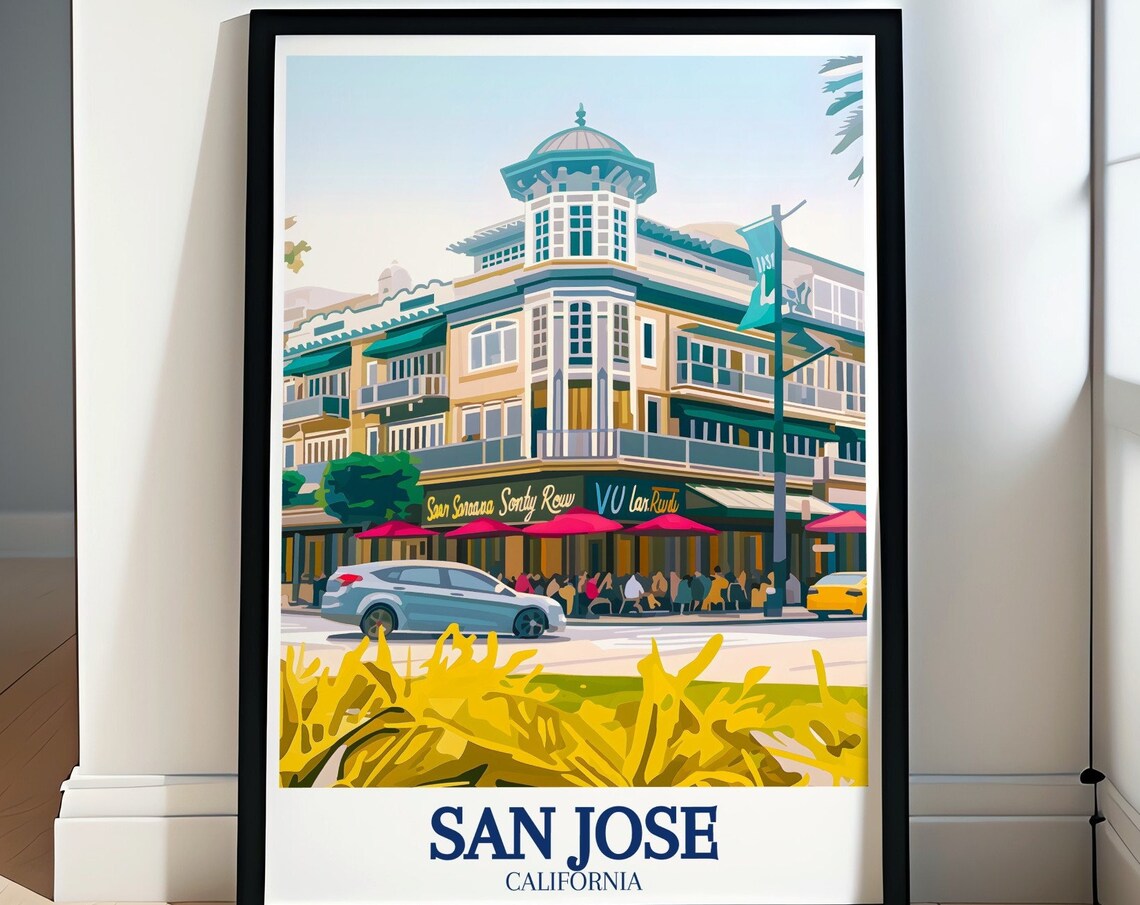 San Jose California Santana Row Street Cafe Scene Vintage Poster