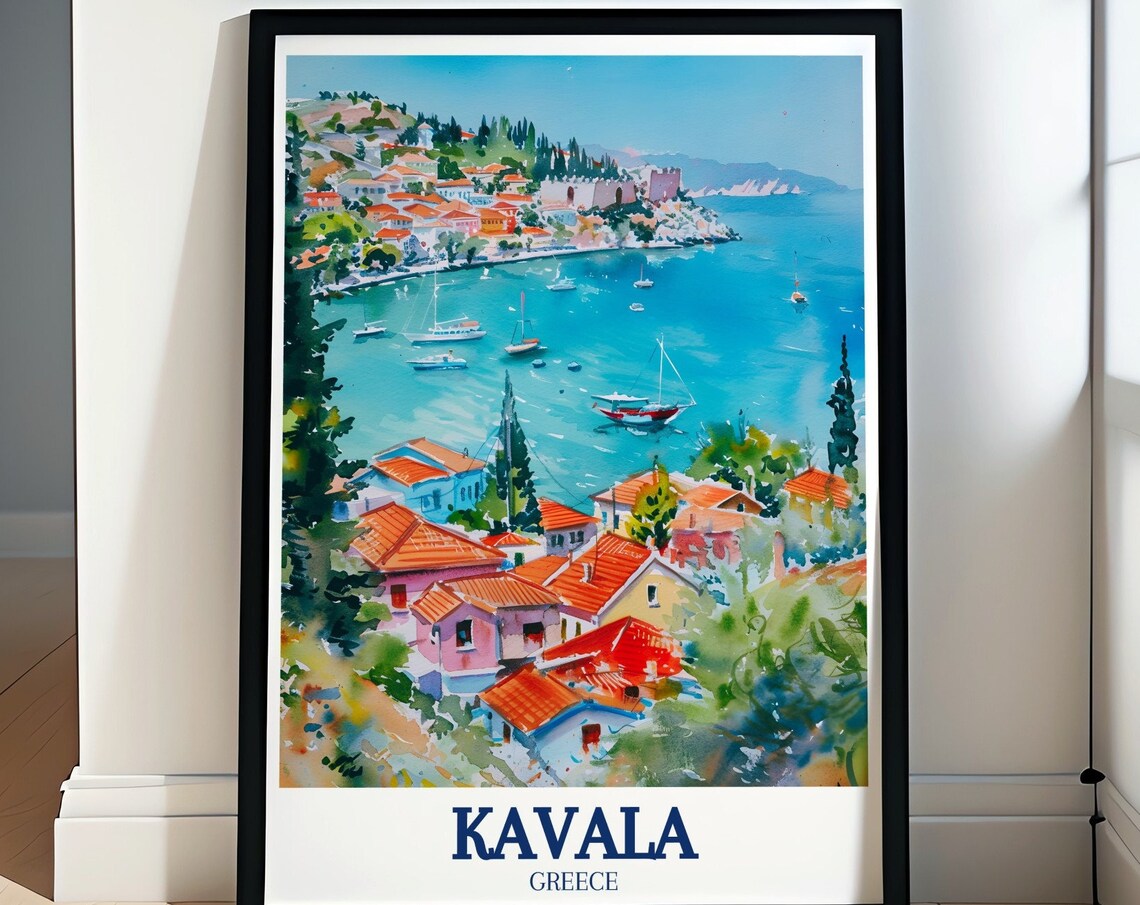 Kavala Greece Aegean Sea Harbor Boats Watercolor Travel Poster