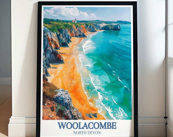 Woolacombe Travel Poster Woolacombe Beach And Bullpoint Lighthouse Art Print Woolacombe Beach And Bullpoint Lighthouse Wall Art