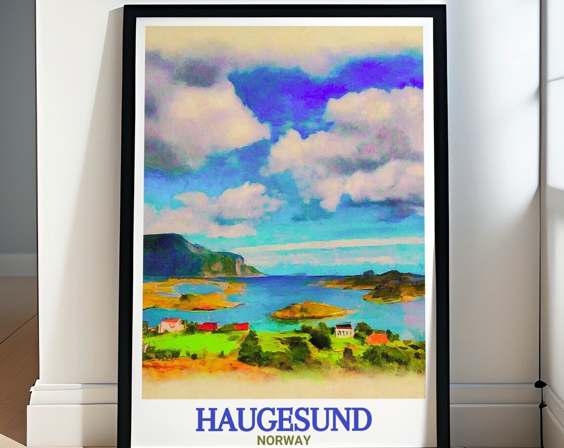 Rør Islands and Green Coastline of Haugesund Norway Travel Poster